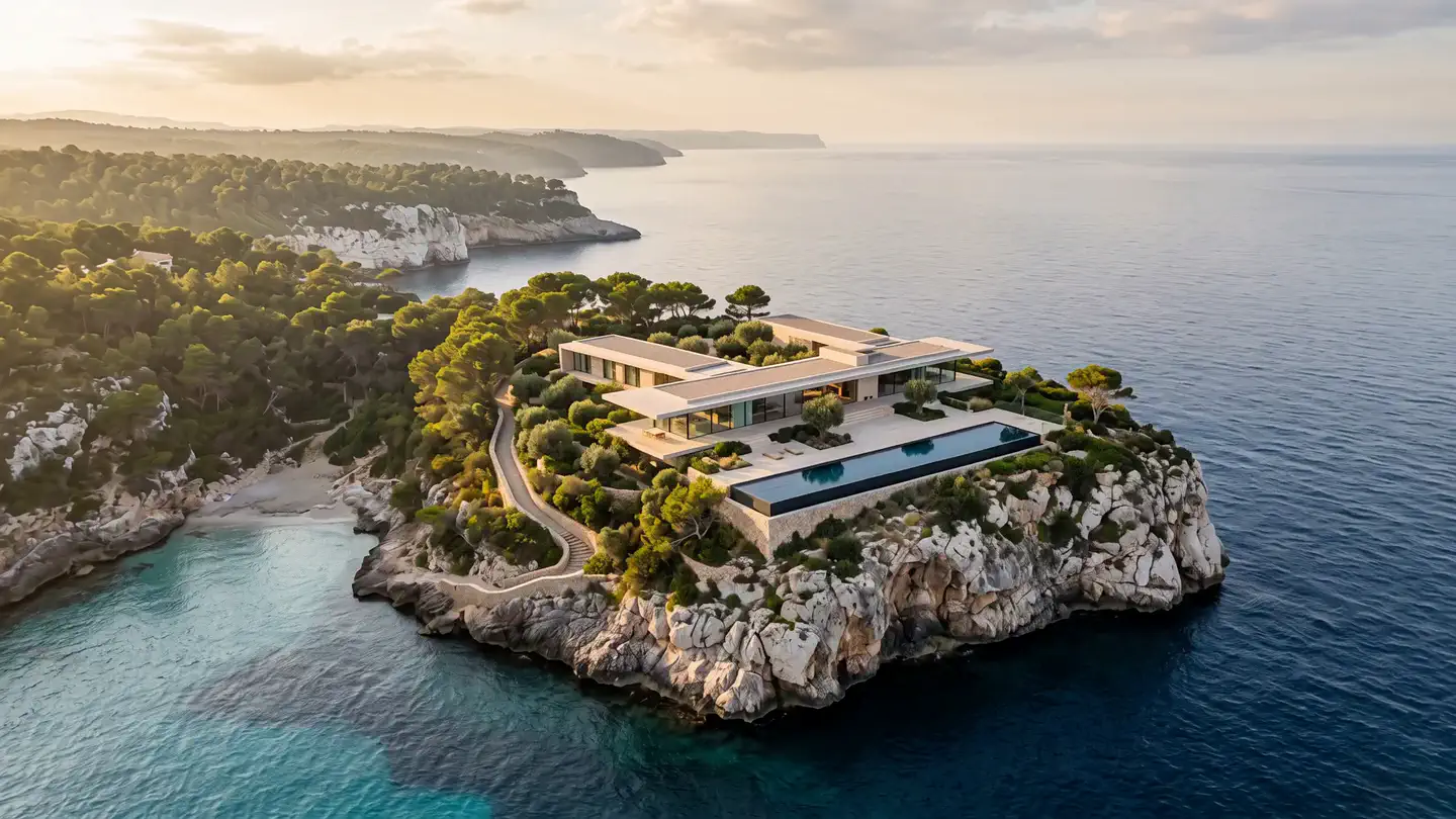Vue du ciel d’une villa en travertin sur un promontoire rocheux, face à la Méditerranée